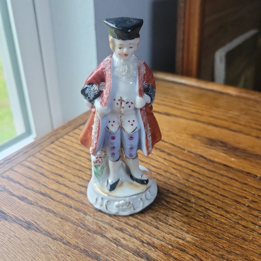 Vtg Sm Porcelain Gentleman Germany Lace Red Frock Foreign Stamp READ 4.58" tall